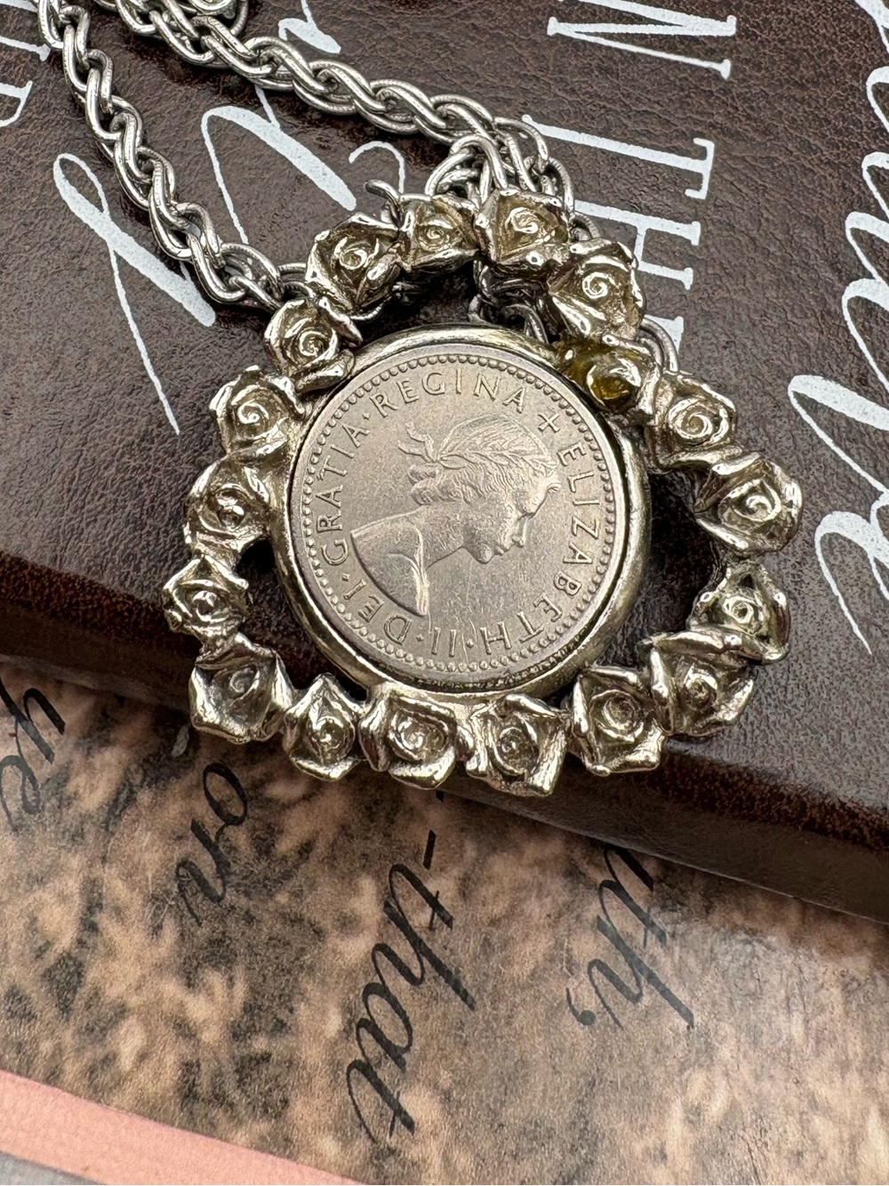 Queen Elizabeth II Sixpence Coin Rose Heart Necklace 24”